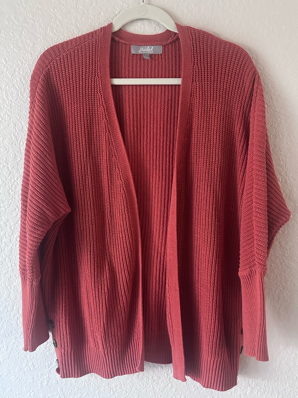 Marled Rust Orange Chunky Knit Open Front Cardigan Sweater Size L